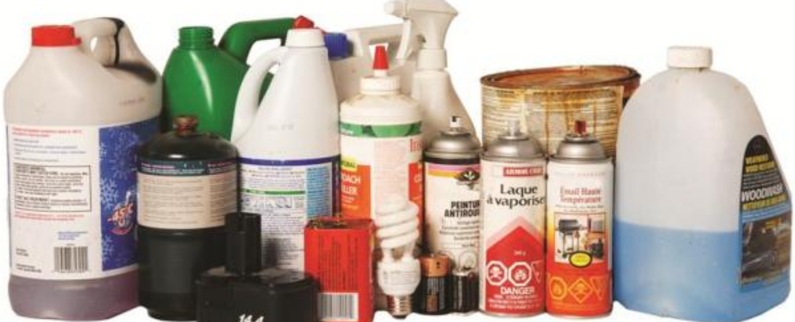 Photo of household hazardous waste items such as chemicals and batteries