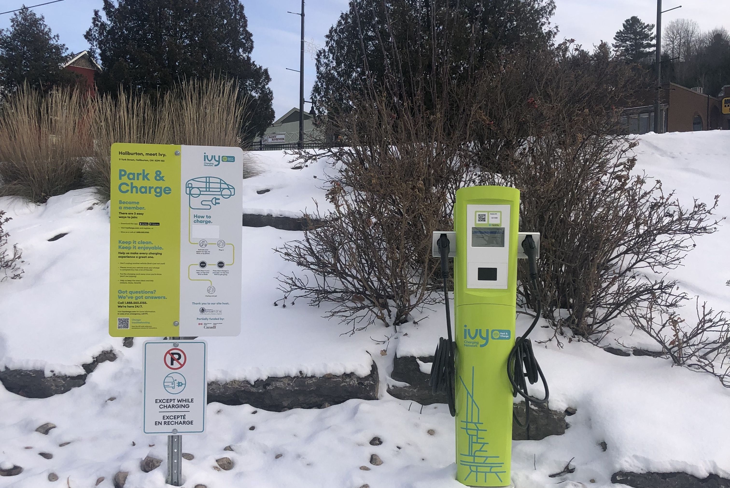 Electric vehicle charging station at Haliburton Welcome Centre