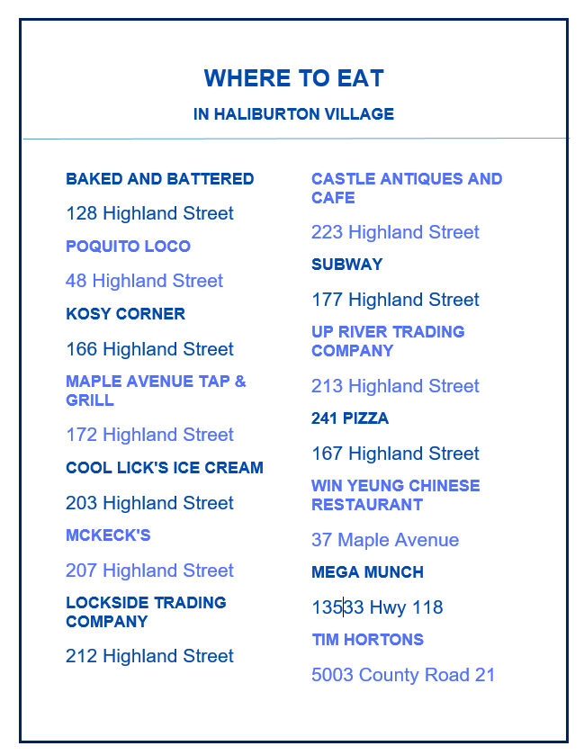 baked and battered 128 Highland Street  POQUITO LOCO 48 Highland Street  KOSY CORNER 166 Highland Street  MAPLE AVENUE TAP & GRILL 172 Highland Street  COOL LICK'S ICE CREAM 203 Highland Street  MCKECK'S 207 Highland Street  LOCKSIDE TRADING COMPANY 212 Highland Street  CASTLE ANTIQUES AND CAFE 223 Highland Street  SUBWAY 177 Highland Street  UP RIVER TRADING COMPANY 213 Highland Street  241 PIZZA 167 Highland Street  WIN YEUNG CHINESE RESTAURANT 37 Maple Avenue  MEGA MUNCH 13533 Hwy 118  TIM HORTONS 5003 County Road 21