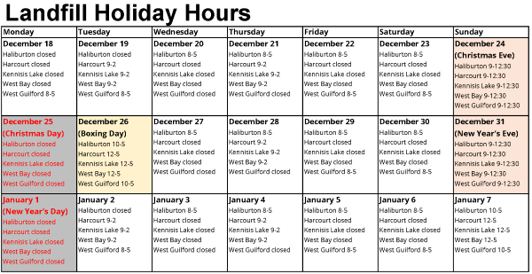 Landfill hours for Christmas Eve, Christmas Day, Boxing Day, New Year's Eve, New Year's Day